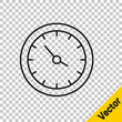 © Kostiantyn - Black line Train station clock icon isolated on transparent background. Vector.