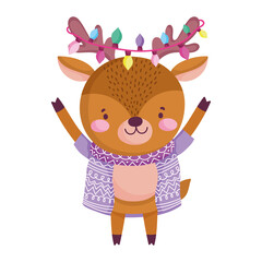 Sticker - merry christmas, cute reindeer with lights and scarf cartoon celebration icon isolation