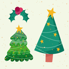 Poster - merry christmas, trees with stars and holly berry ball decoration ornament season icons