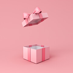 Aufkleber - Blank open pink gift box or present box with pink ribbon bow isolated on light pink orange pastel color background with shadow minimal conceptual 3D rendering