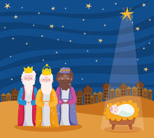 Nativity, Manger Three Wise Kings And Baby Jesus With Star Cartoon