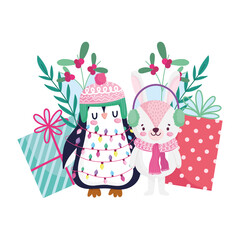 Poster - merry christmas, penguin and rabbit with lights and gifts celebration icon isolation