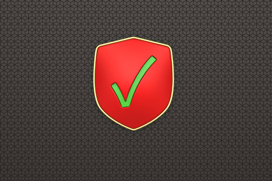 Tick shield security on black Background, 3D rendering. 3D illustration.