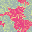 Seamless pattern with flowers of hibiscus. Red and gray blossoms with yellow outlines. Repeating linear texture. A drawing with ink contours of hibiscus. Tropical trendy exotic floral background.