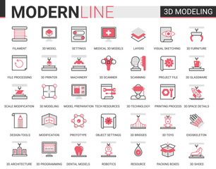Aufkleber - 3d printing science technology flat line web icon vector illustration set, 3d modelling modern cyber tech printer equipment machinery, future scientific innovations.