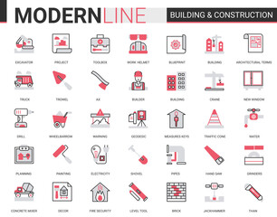 Poster - Building construction thin red black line icons vector illustration set, outline constructing website symbols collection with builders tools and crane equipment, city architecture development