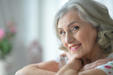 Sticker - Portrait of happy senior woman posing at home