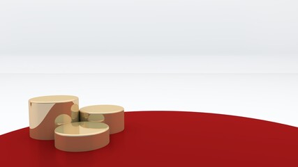 Poster - Three golden round podiums are placed on a red background. Is a blank space with a white backdrop. Suitable for advertising materials presenting products. Product display stand. 3D rendering