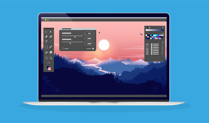 Aufkleber - Photo editing on laptop computer - Photo editor software with user interface and beautiful landscape image. 