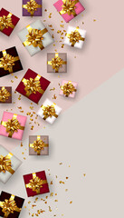  Greeting card.Christmas card. New Year Background with gift boxes and gold confetti