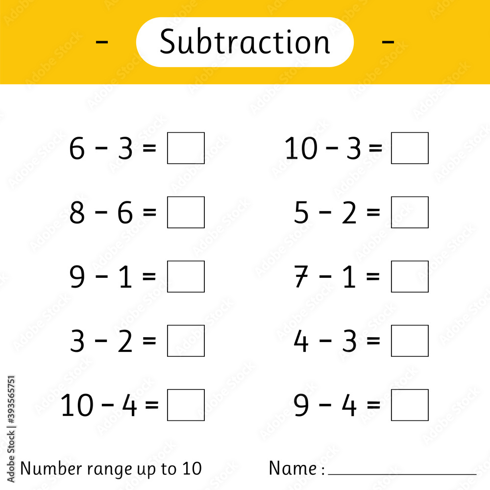 Subtraction. Number range up to 10. Math worksheet for kids. Solve ...