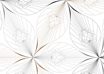 Wall Mural - linear vector pattern, repeating abstract geometry background, gray line of leaf or flower, floral. 