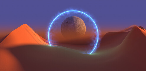 Poster - desert landscape with futuristic ring and moon hanging over sand dunes. 3d render / rendering