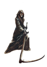 Grim Reaper In A Hood With A Scythe, On A White Background - Fantasy Illustration