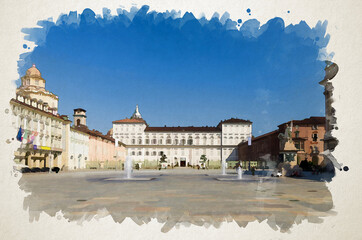 Wall Mural - Watercolor drawing of Royal Palace Palazzo Reale and San Lorenzo church on Castle Square Piazza Castello with fountains and monuments in historical centre of Turin Torino city, Piedmont, Italy