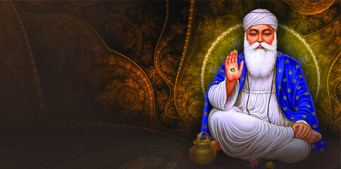 guru nanak dev ji maharaj on gold background gurunanak jayanti web banner vector waheguru