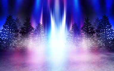 Poster - Dark abstract background. Winter night forest landscape. Silhouettes of fir trees, lit with neon glow, snowdrifts, snowflakes. 3d illustration