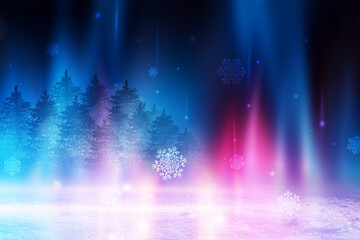 Poster - Dark abstract background. Winter night forest landscape. Silhouettes of fir trees, lit with neon glow, snowdrifts, snowflakes. 3d illustration
