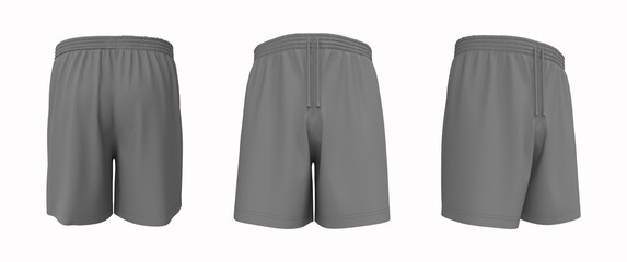 Blank sweat shorts mockup in front, back and side views. 3d rendering, 3d illustration.