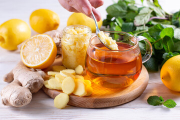 Canvas Print - Homemade lemon, ginger and mint jam. Herbal medicine, healthy food and natural products to support the immune system in winter