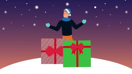 Sticker - happy merry christmas animation with interracial couple and gifts in snowscape