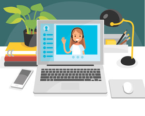 Wall Mural - Conversation videoconference talk over video chat. Front view picture illustration of office manager workplace, working place, desk and laptop and someones worker user hands.