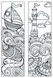 Bookmark for book - coloring. Sea, lighthouse, boat, waves. Doodle patterns. Set of black and white labels. Sketch of ornaments for creativity of children and adults.