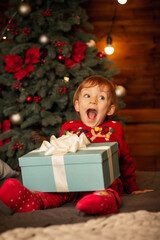 Wall Mural - a boy in a New Year's sweater and a santa claus hat under a big tree looks at gifts