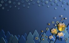 Christmas Season Concept Dark Blue Background. Blue Snow Falling Down. Gift Box On Copy Space. Yellow Star. Pine Tree On The Backdrop. Happy New Year Design. Card Celebrate Decoration. 3d Illustrator.