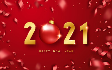 Wall Mural - Happy New Year 2021. Background with shining numerals, ball and ribbons. New year and Christmas card illustration on red background. Holiday illustration of golden numbers 2021