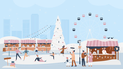 Wall Mural - People celebrate Christmas winter festive season in xmas market fair vector illustration. Cartoon man woman characters have fun, skating, walking around Christmas tree, drinking hot drinks background