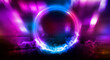 © MiaStendal - Dark abstract background. Neon light circle figure. Reflection of neon light on the water.