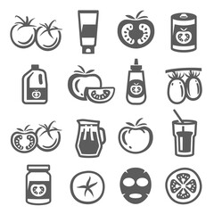 Poster - Tomato, ketchup, paste bold black silhouette and line icons set isolated on white.