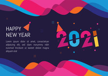 Happy New Year 2021 Banner With Modern Geometric Abstract Colorful Background In Retro Style. Happy New Year Greeting Card Design For Year 2021 Calligraphy Includes Colorful Shapes.