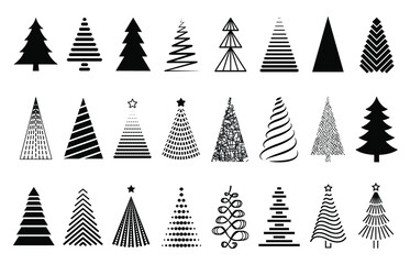 Fototapete - Vector black Christmas tree set. Collection of decorative stylized Christmas tree isolated on white background. Abstract decorations, design elements.