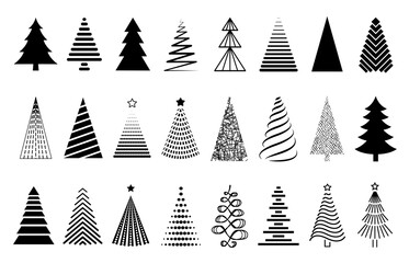 Fototapete - Black Christmas tree set. Collection of decorative stylized Christmas tree isolated on white background. Abstract decorations, design elements.