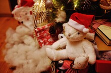 Close-up Of Teddy Bear With Santa Hat Against Christmas Tree