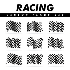 Checkered racing flags set. Modern illustration. Wavy black and white flags.