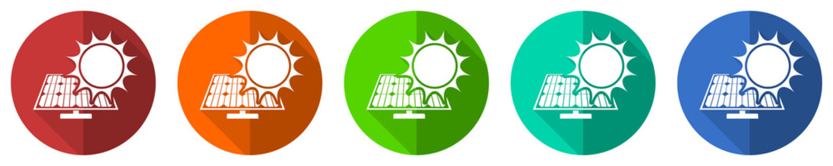 Poster - Sun over solar panel vector icon set, red, blue, green and orange flat design web buttons isolated on white, vector illustration