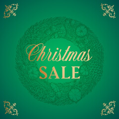 Wall Mural - christmas sale abstract vector retro label, sign or card template. hand drawn circle pine wreath ske