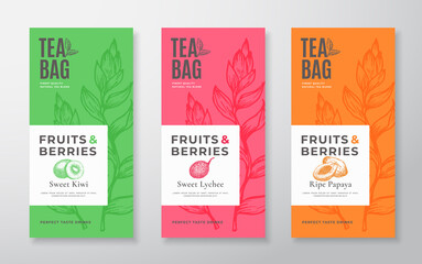 Exotic Fruits Tea Labels Set. Abstract Vector Packaging Design Layouts Bundle. Modern Typography, Hand Drawn Tea Leaves, Kiwi, Lychee and Papaya Silhouettes Background. Beverage Banners. Isolated