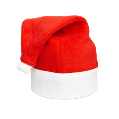 Santa Claus hat made of red and white fleece isolated on white background. Concept of celebrating christmas, new year. Hat of the winter wizard, fairytale character, gnome. Santa cap.