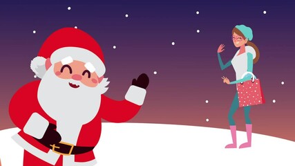 Canvas Print - happy merry christmas animation with woman lifting gift and santa claus in snowscape scene