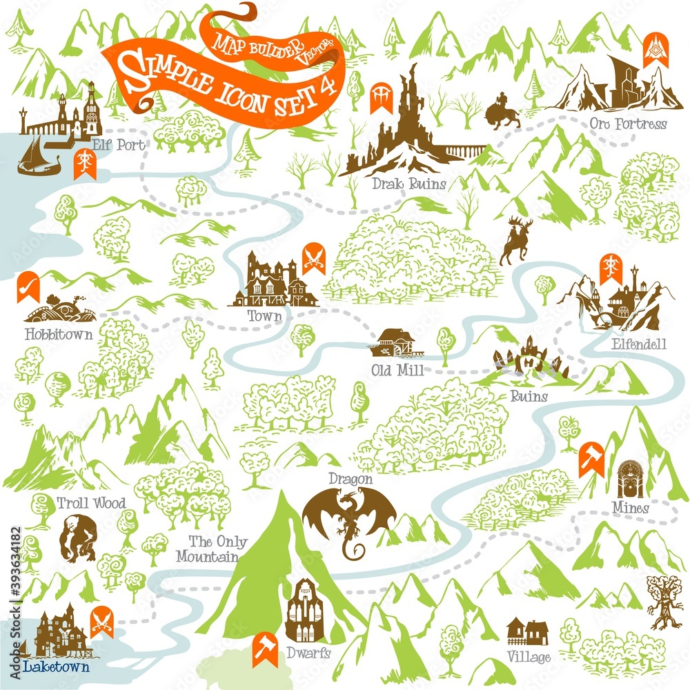 Fantasy Adventure map builder with simple icon elements in vector ...