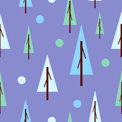 Wall Mural - Seamless pattern winter blue and green fir trees. Violet background. Flat style. Garden or forest. Nature and ecology. Merry Christmas. Postcards, wallpaper, textile, scrapbooking and wrapping paper