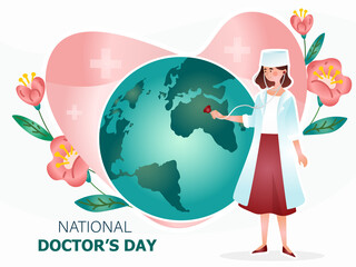 Abstract concept of international doctors day. Attractive female doctor in a medical gown listening to the earth pulse with a stethoscope. Greeting card, poster, template, layout. Vector illustration