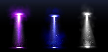 Ufo Light Beams, Glowing Rays From Alien Spaceships. Vector Realistic Set Of Spotlight Effect Of Flying Saucer Illuminated Fog And Particles. Spacecraft Glow Beams At Night