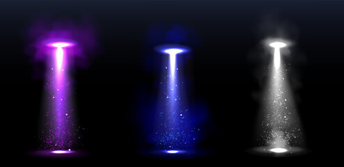 Wall Mural - ufo light beams, glowing rays from alien spaceships. vector realistic set of spotlight effect of fly