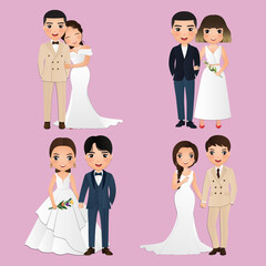 Sticker - Set of characters cute bride and groom.Wedding invitations card.Vector illustration in couple cartoon in love