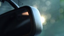 Close Up Shot Of Rear View Mirror With Sunflair In Ford Mustang Muscle Car Driving, Sunshine 